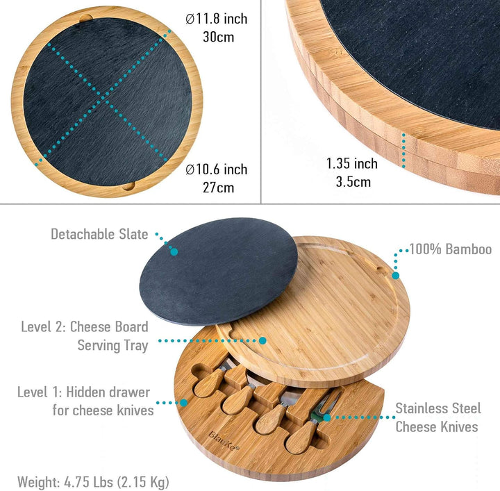 BlauKe Bambus Käsebrett mit Käsemesser Set und Schieferplatte - Servierplatte aus Holz für Käse und