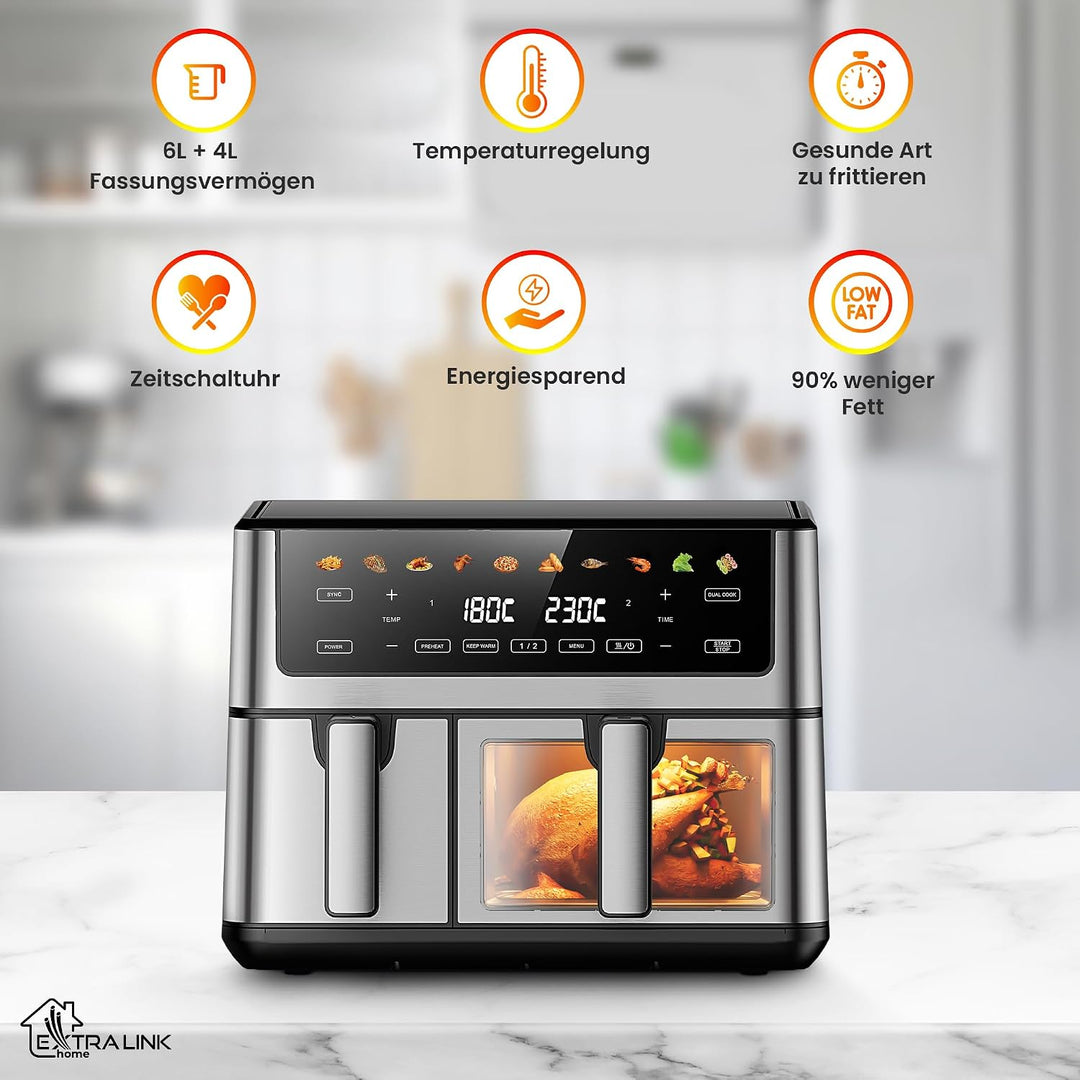 Extralink Heissluftfritteuse 2 Kammern 10L (6L+3.5L) – 2500W Doppelkammer Airfryer mit 8 Kochprogram