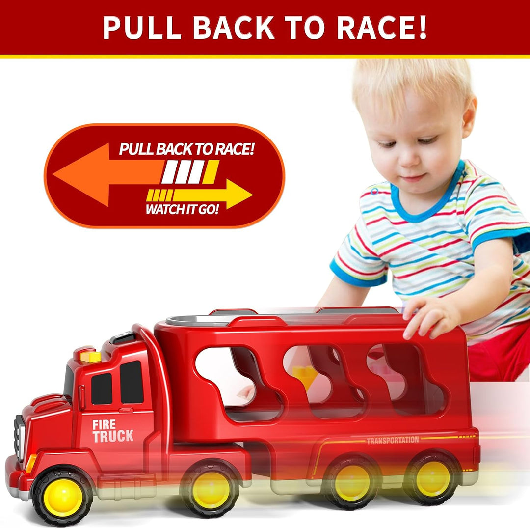 5-in-1 Feuerwehr-Spielzeug für Kleinkinder Jungen & Mädchen, Friktions-Auto-Transporter mit Licht &