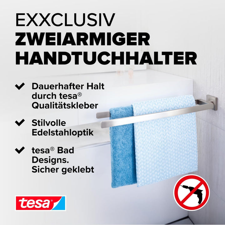 tesa EXXCLUSIV Bad Handtuchhalter, 2-armig, verchromt - rostfrei, zur Wandbefestigung ohne Bohren, i