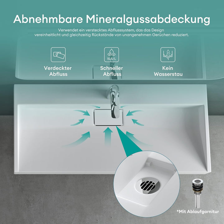 Mai &amp; Mai Aufsatz-Waschbecken Mineralguss Hänge-Waschtisch 100x46x11cm Col19 in Weiss matt mit Armat