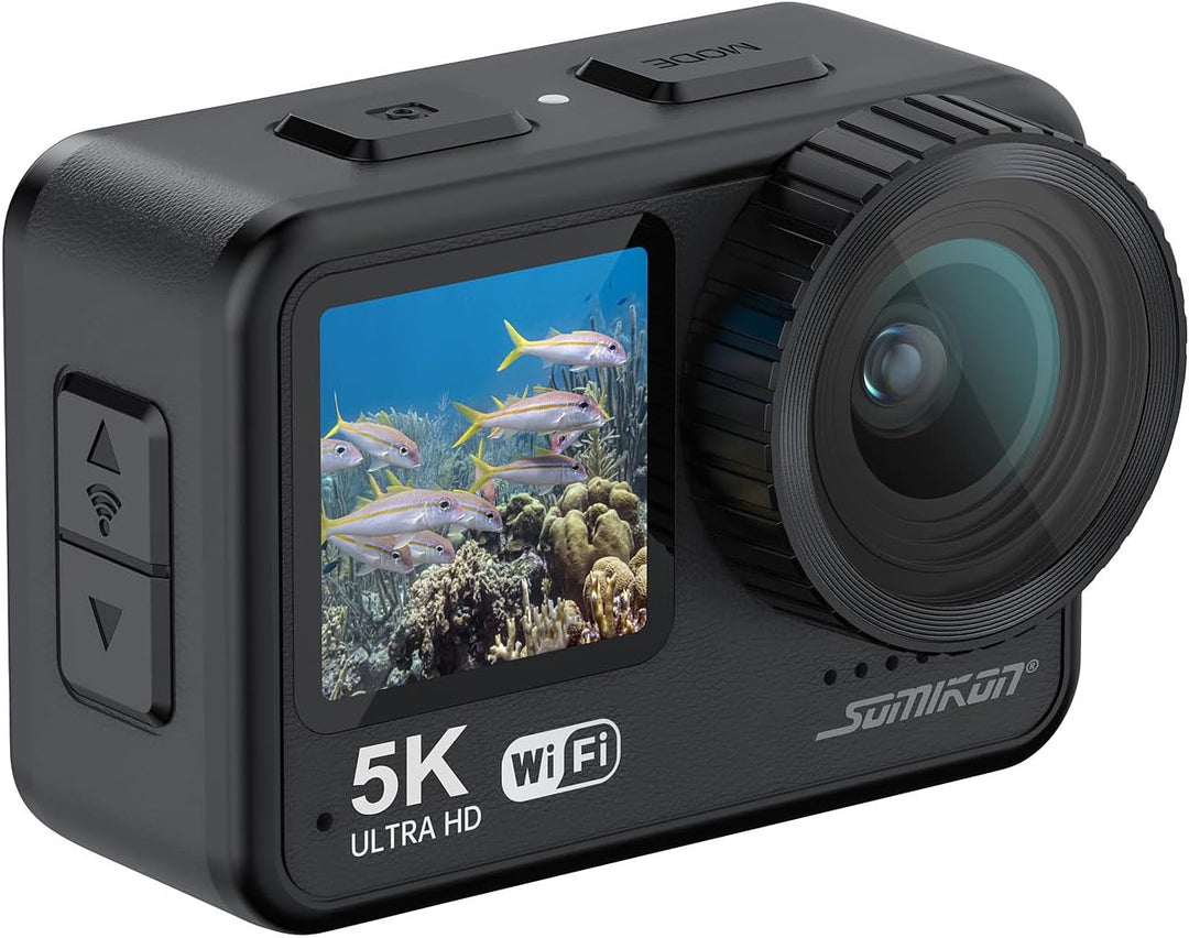 Somikon Unterwasserkamera: Mini-Actioncam mit 5K-Auflösung, wasserdicht bis 21 m, 2 Displays, EIS (M