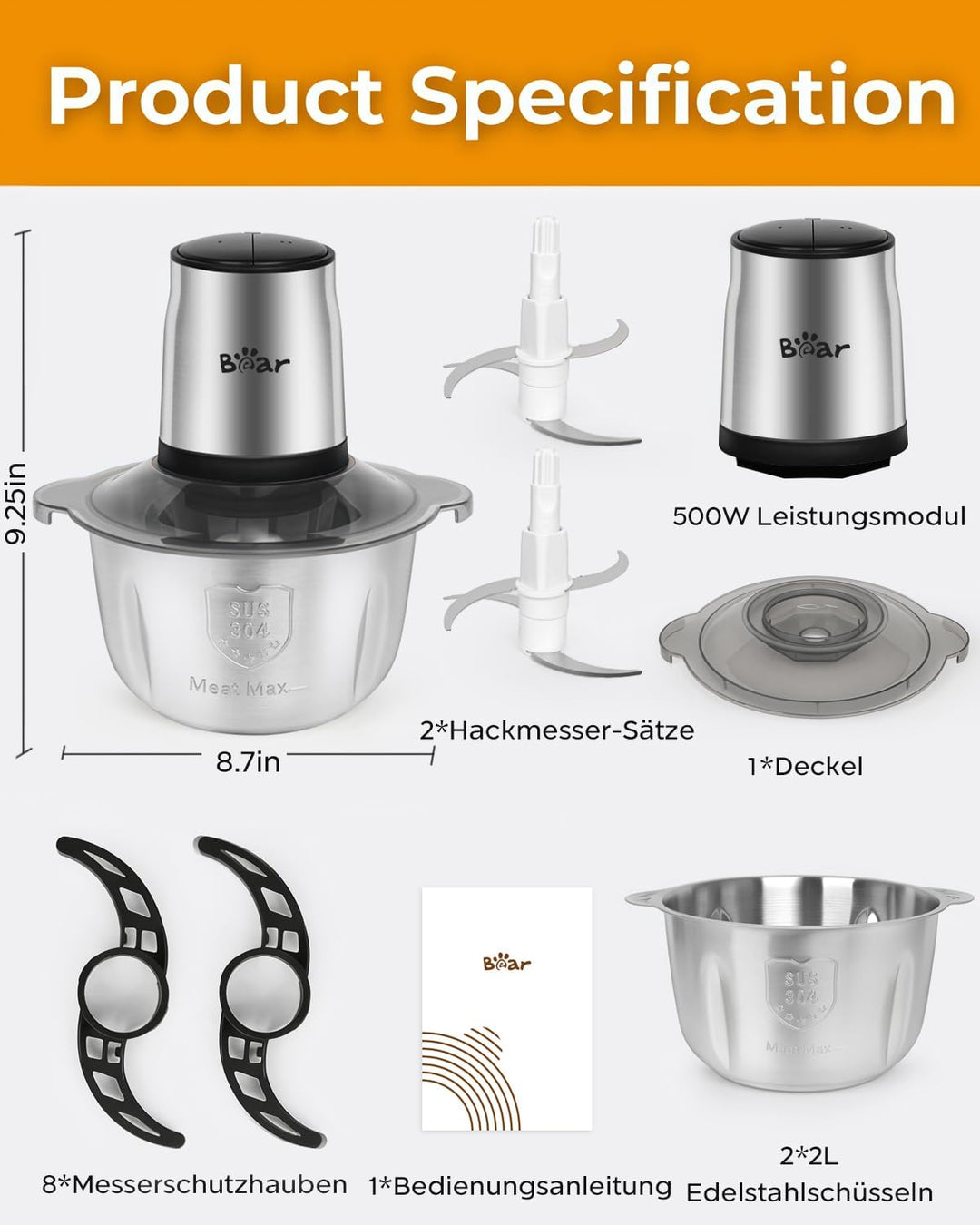Bear 1.8L+1.8L Zerkleinerer Elektrisch Mini, 500W 2 Geschwindigkeitsstufen, Häcksler mit 4-Edelstahl