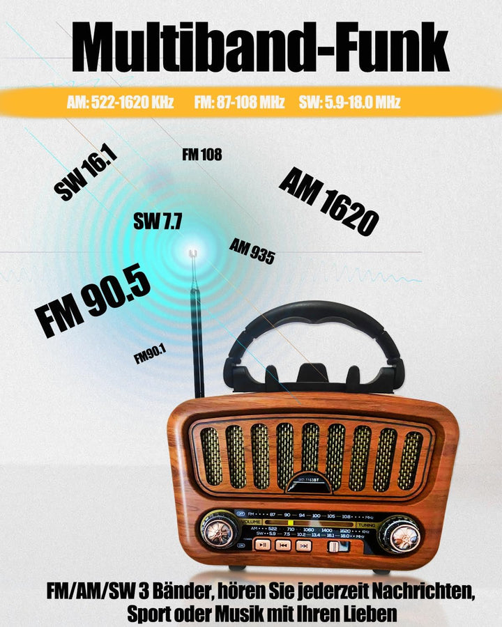Retro Radio mit Bluetooth, AM/FM/SW Tragbares Radio Klein 5W grosser Lautsprecher und Bluetooth 5.0,