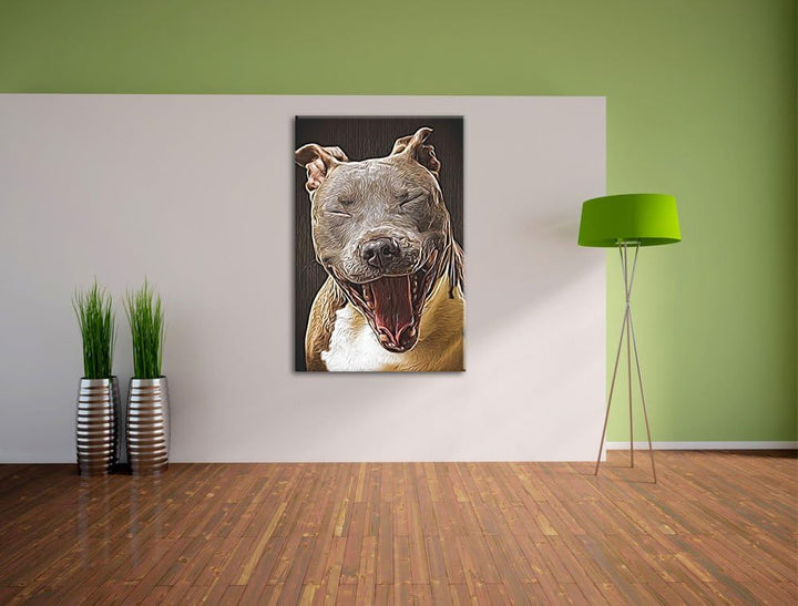 Lachender Pitbull Deluxe Format: 100x70 cm auf Leinwand, XXL riesige Bilder fertig gerahmt mit Keilr
