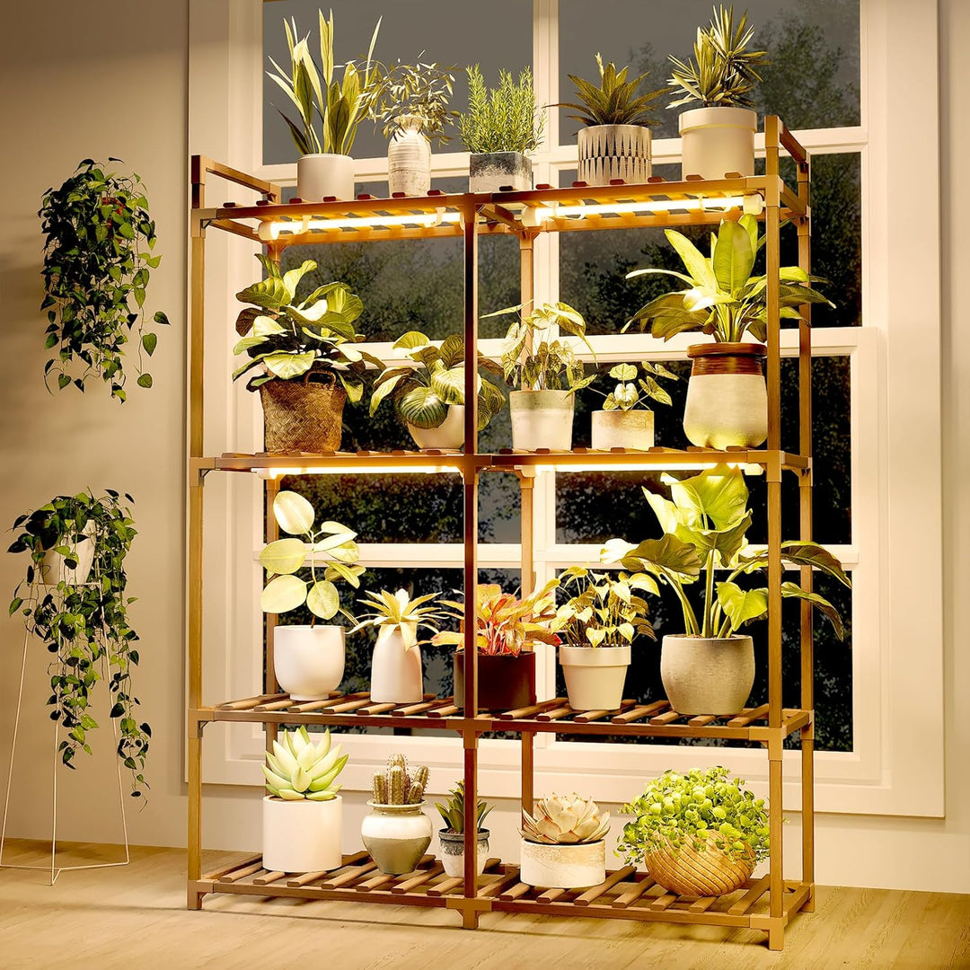 Bamworld Blumenständer mit Pflanzenlampe, 8-stöckiges Pflanzenregal aus Holz mit LED Grow Light, Pfl
