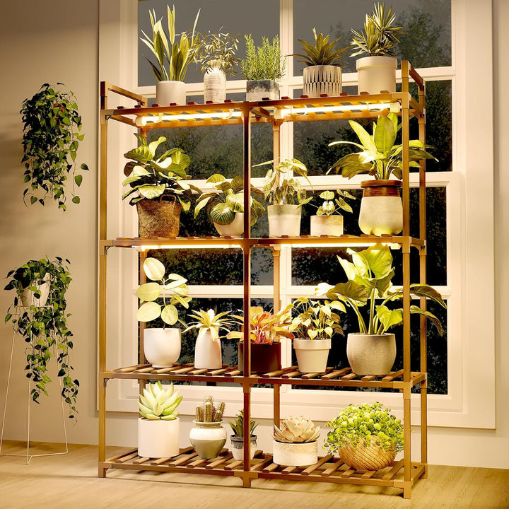 Bamworld Blumenständer mit Pflanzenlampe, 8-stöckiges Pflanzenregal aus Holz mit LED Grow Light, Pfl