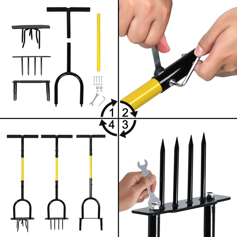 TRMLBE Rasenlüfter Manuell Aerifizierer für Rasen mit T-Griff und multi Spikes 3 in 1 Rasenbelüfter