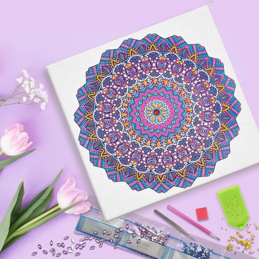Ursus 43520008F - Diamond Painting Mandala Set 8, Bastelset mit Steinchen in Lila-, Pink- und Blautö