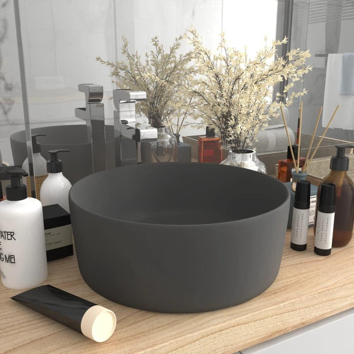 WIFESE Luxuriöses Waschbecken Rund Matt Dunkelgrau 40x15 cm Keramik Aufsatzwaschbecken Eckig Badezim