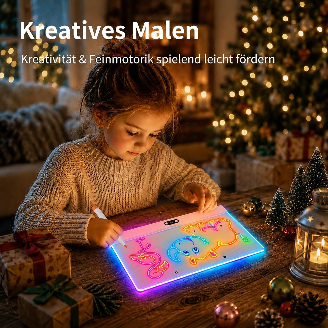 LED Zeichenbrett mit digitaler Akkuanzeige – 35x26cm Acryl Maltafel (Pink) mit 8 Farben & 7 Neon-Sti