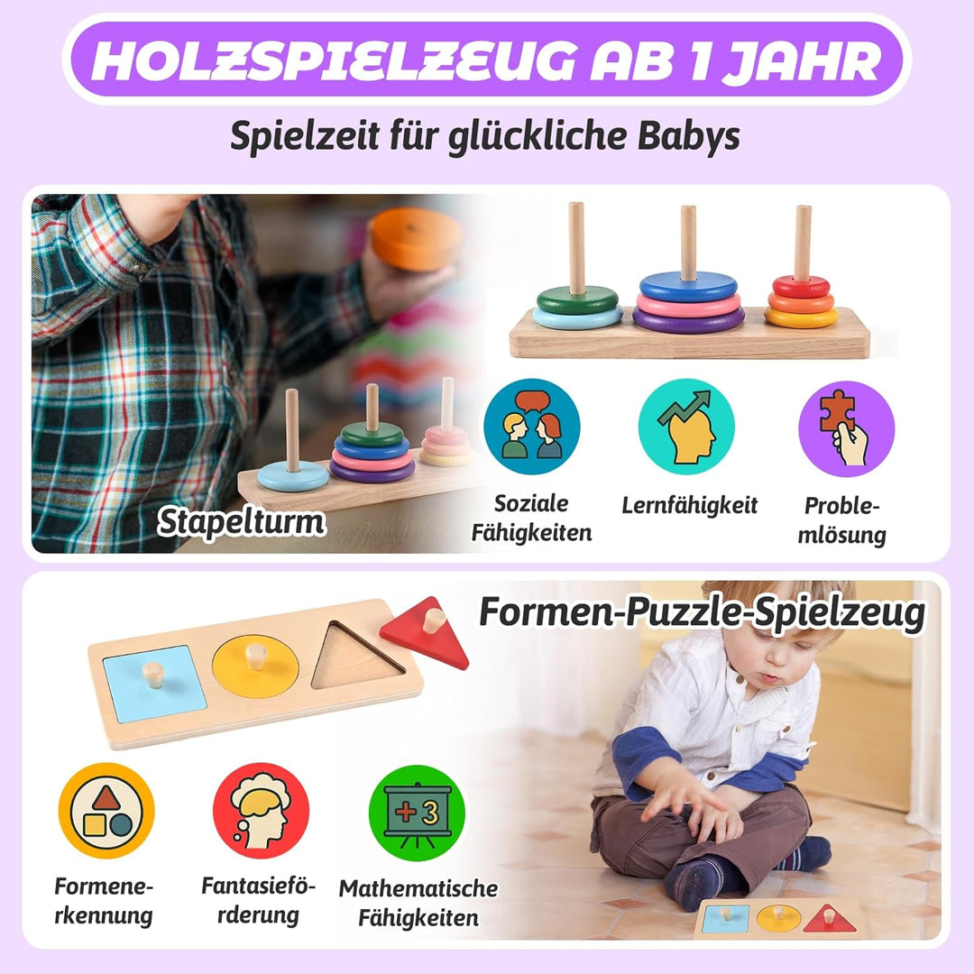 Wooderma Montessori Spielzeug ab 12 Monaten – Holzspielzeug Set mit Sortierspiel, Stapelspiel, Forme