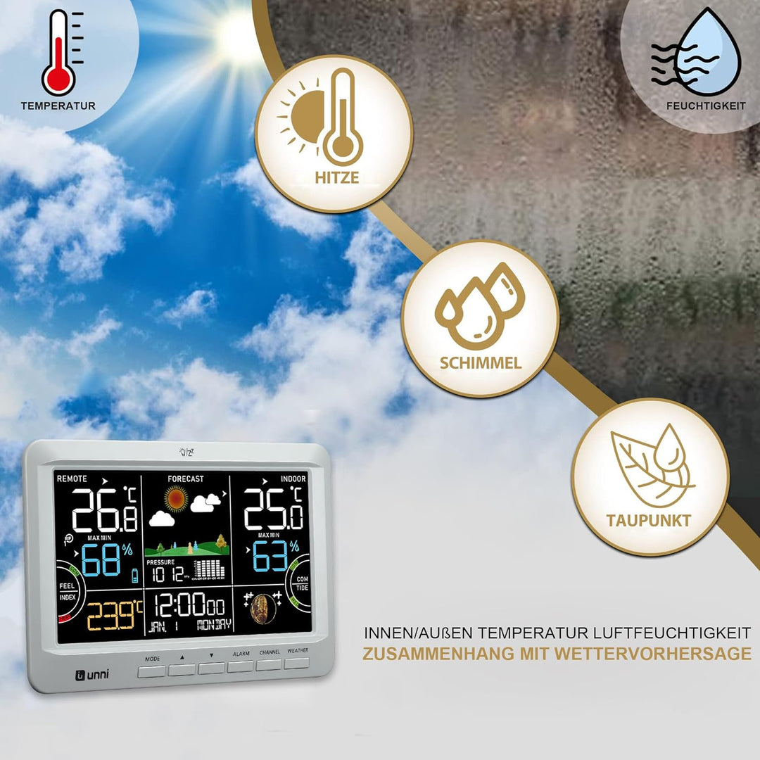 Funk Wetterstation mit Aussensensor Netzbetrieb und Batteriebetrieb, Funkwetterstation mit 3 Helligk