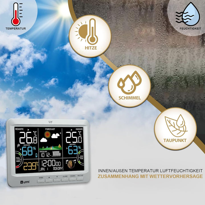 Funk Wetterstation mit Aussensensor Netzbetrieb und Batteriebetrieb, Funkwetterstation mit 3 Helligk