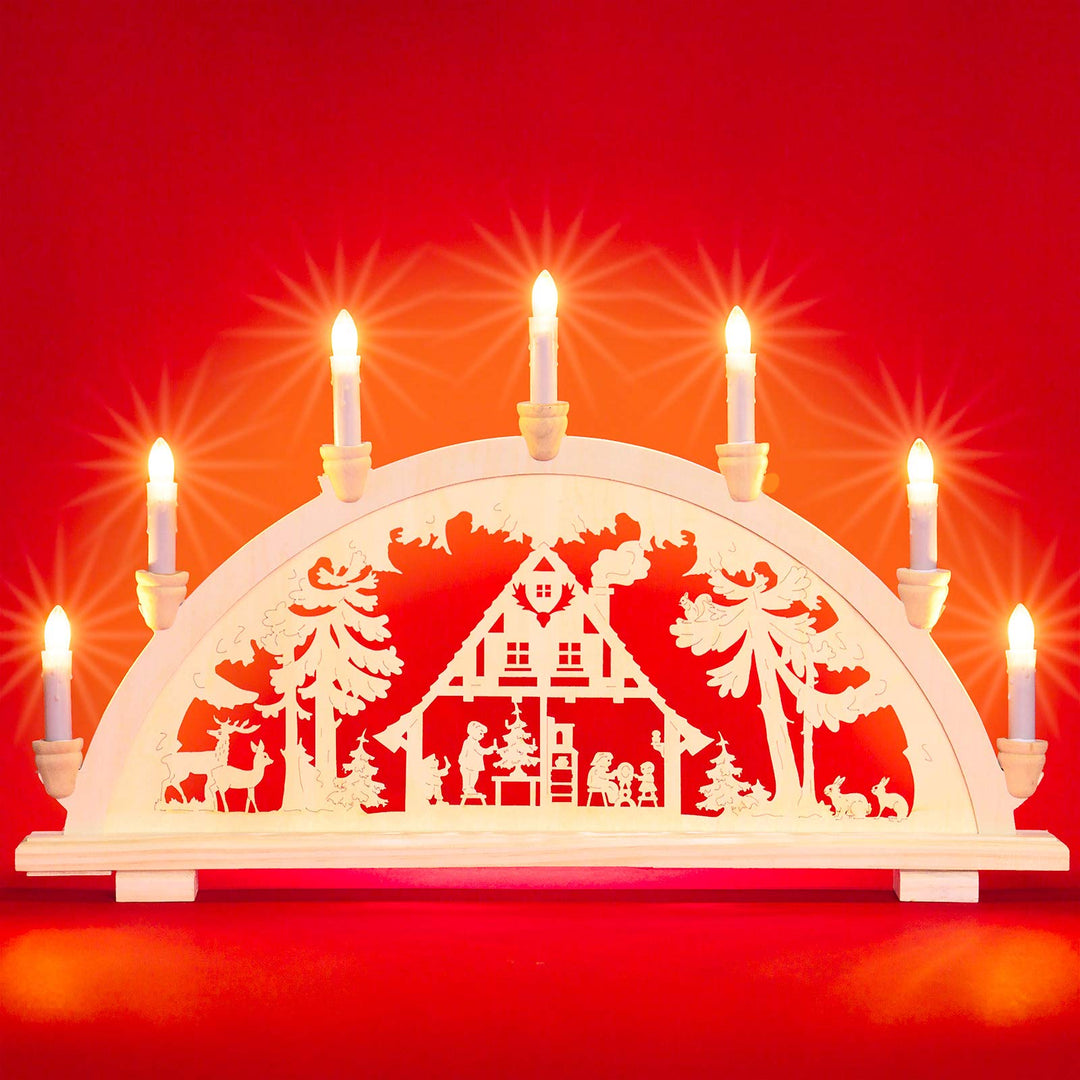 Sikora LB57-7 klassicher Holz Schwibbogen beleuchteter Lichterbogen mit 7 Kerzen Motiv WALDHAUS Deko