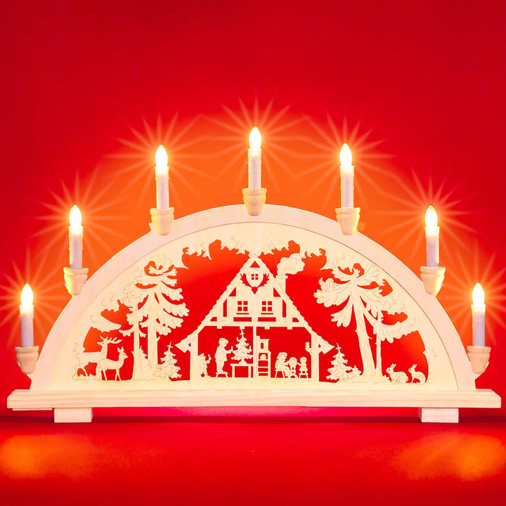 Sikora LB57-7 klassicher Holz Schwibbogen beleuchteter Lichterbogen mit 7 Kerzen Motiv WALDHAUS Deko