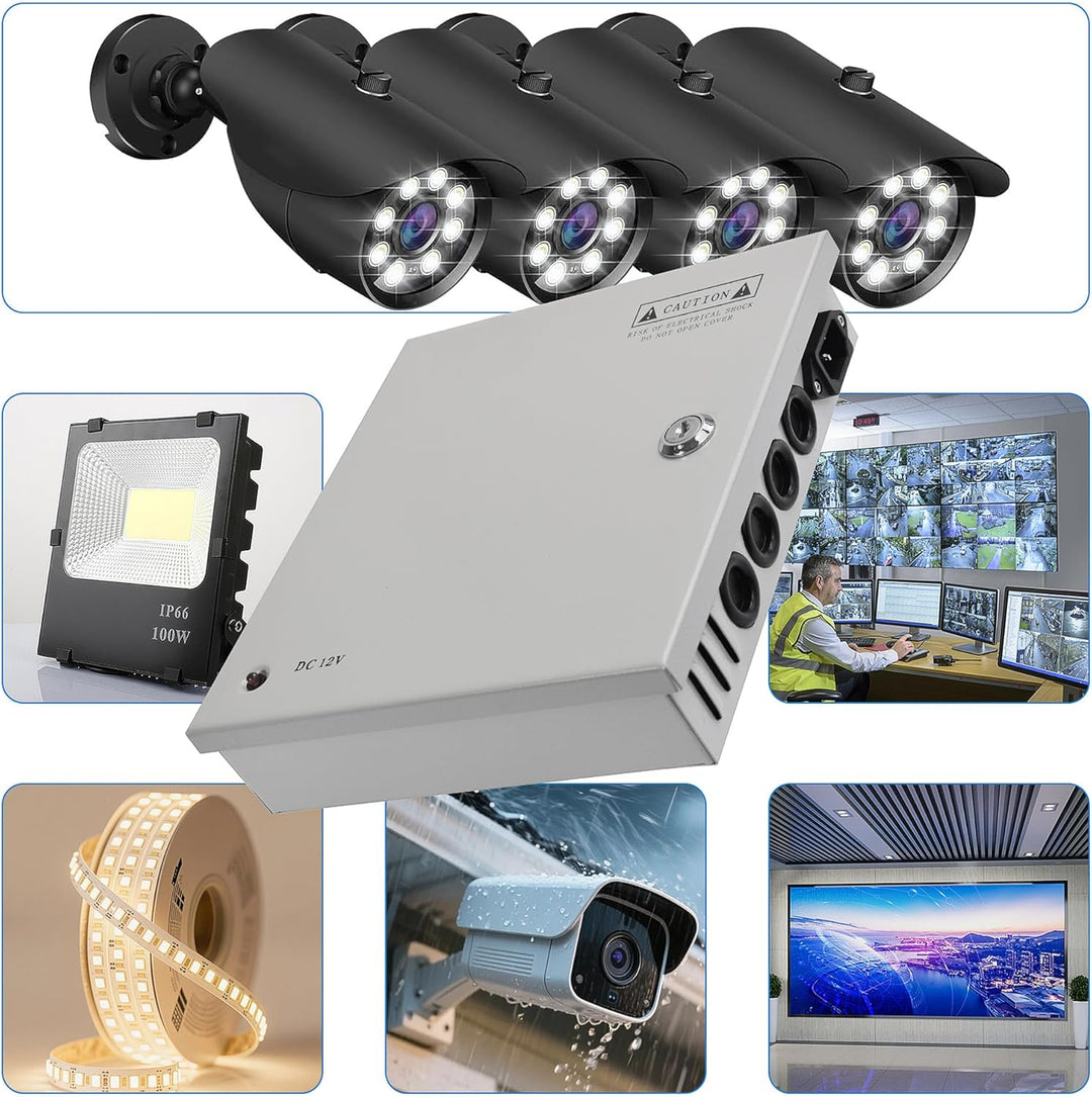 CCTV Netzteil 12V 10A DC 120W, 9 Kanal Überwachungskamera Netzteilkasten mit Metallgehäuse & Schloss