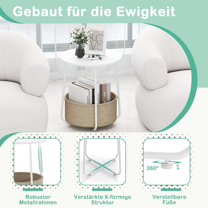 GYMAX Beistelltisch rund, Kleiner Tisch mit 2 Ebenen &amp; abnehmbarem Stoffkorb, Sofatisch mit Metallra