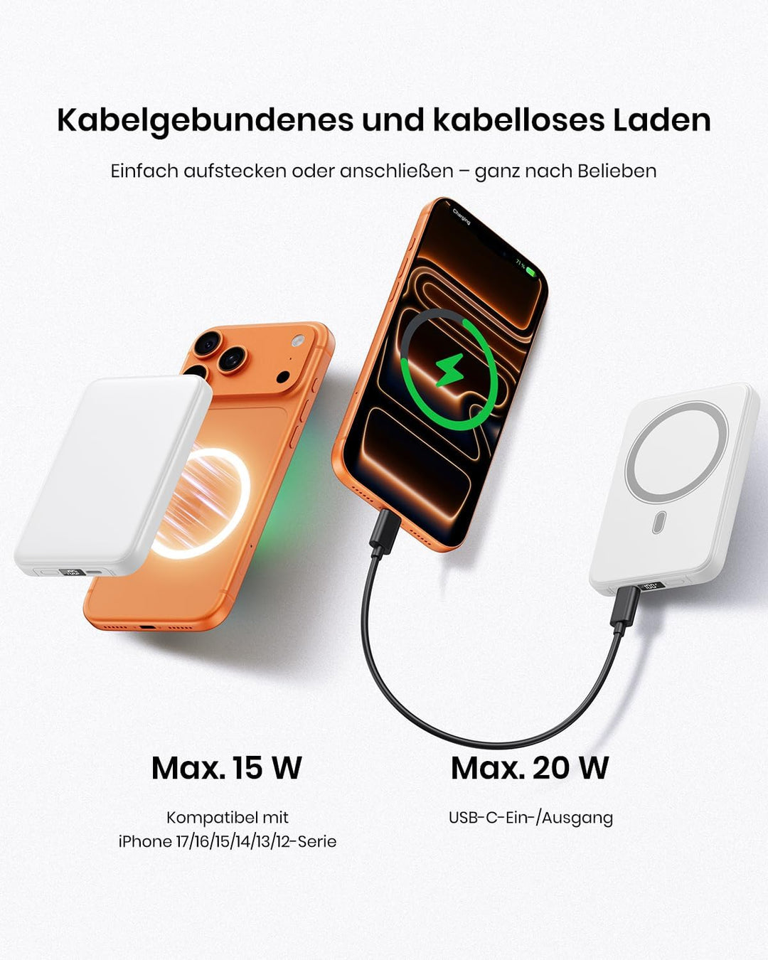 A ADDTOP Power Bank, 10000mAh Magnetische Powerbank, Kabelloses Tragbares Ladegerät mit USB-C EIN-/A
