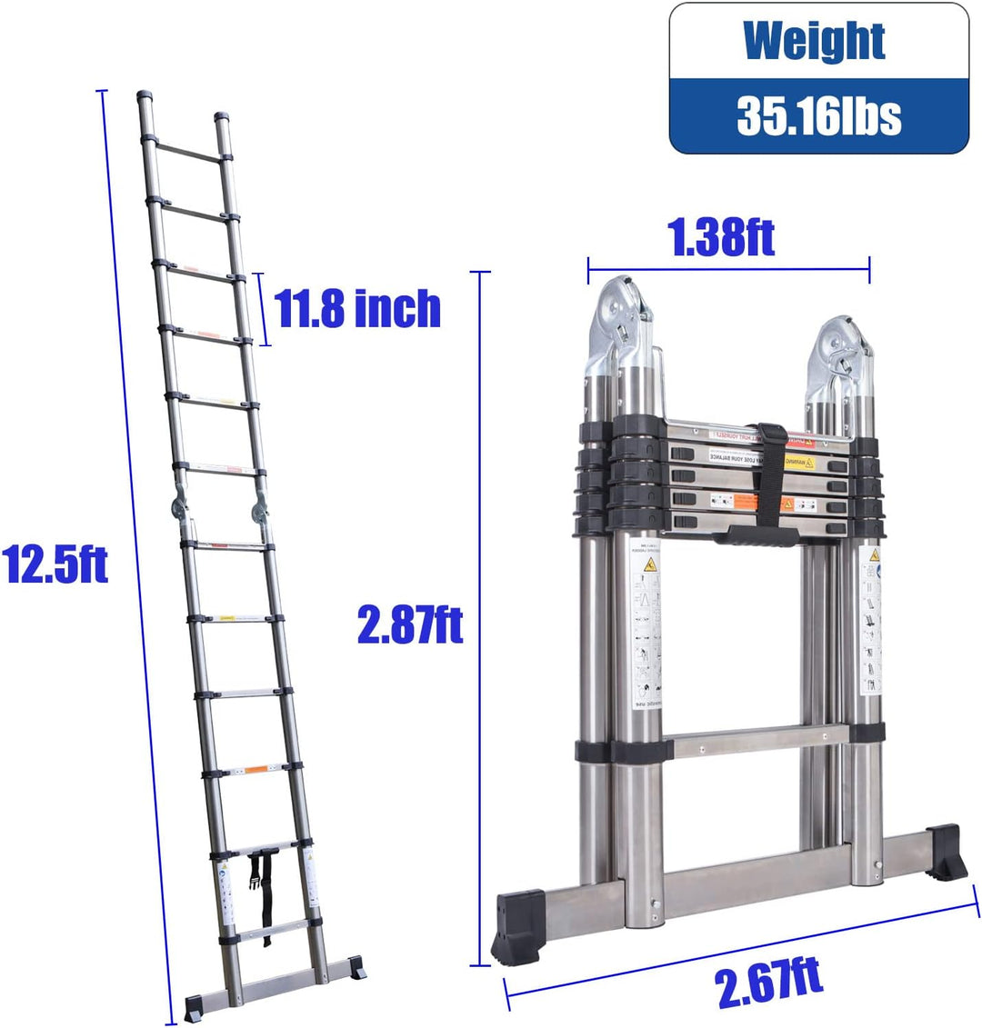 3,8m Teleskopleiter Klappleiter 1,9m +1,9m Edelstahl Schiebeleiter, Mehrzweckleiter, mit Stützstange