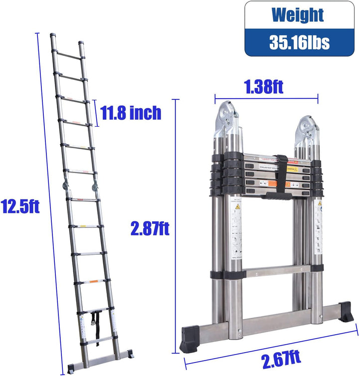 3,8m Teleskopleiter Klappleiter 1,9m +1,9m Edelstahl Schiebeleiter, Mehrzweckleiter, mit Stützstange