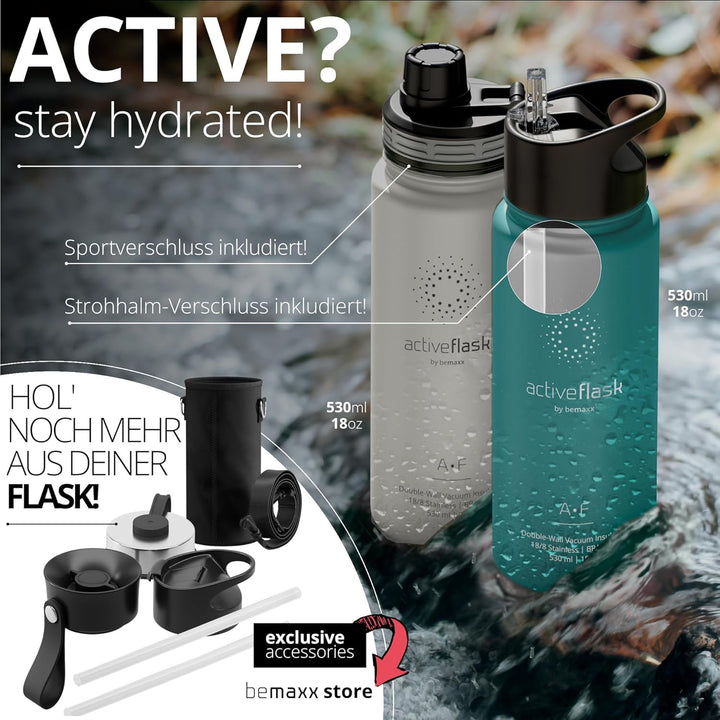 Trinkflasche Edelstahl ACTIVE FLASK + Strohhalm (3 Deckel) BPA-frei, Auslaufsicher, Kohlensäure geei