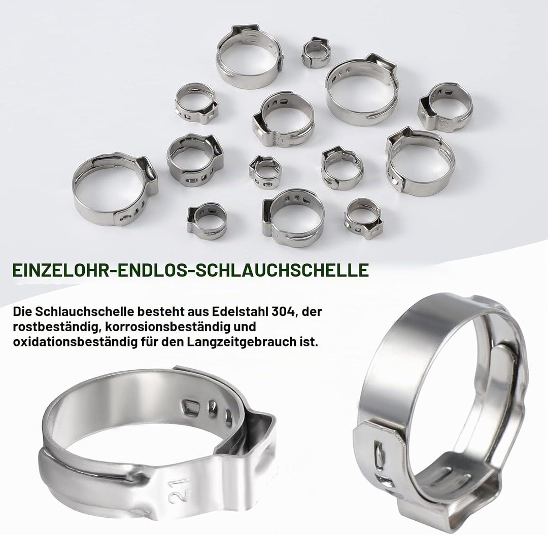 Knpwer 180 Stück 304 Edelstahl Einzelohr Stufenlos Schlauchschellen Set,6-25.6mm 9 Grössen Crimp Sch
