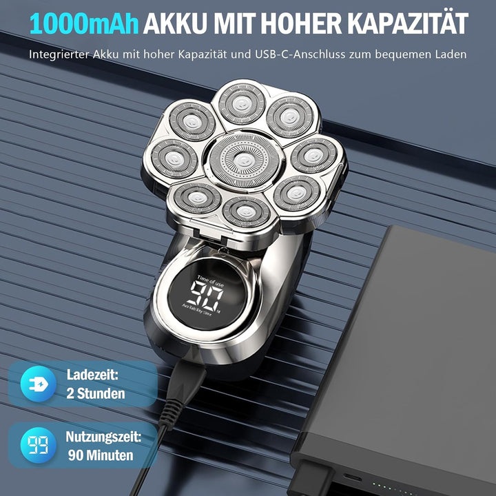 Glatzen Rasierer Herren Elektrisch, IPX6 Wasserdicht 9D Flexibler Glatzenrasierer, 6 in 1 Kopfrasier