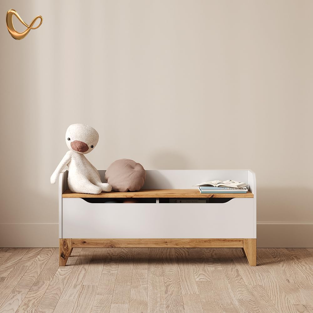 Livinity Spielzeugtruhe Mailo, Weiss/Artisan, 107.2 x 50 cm mit Sitzbank White/Artisan Oak, White/Ar