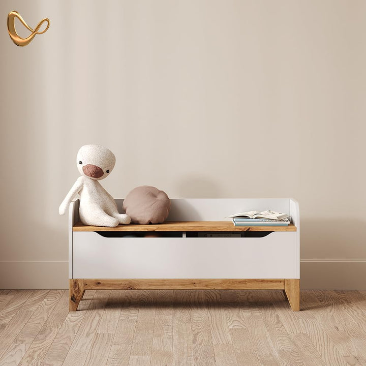 Livinity Spielzeugtruhe Mailo, Weiss/Artisan, 107.2 x 50 cm mit Sitzbank White/Artisan Oak, White/Ar