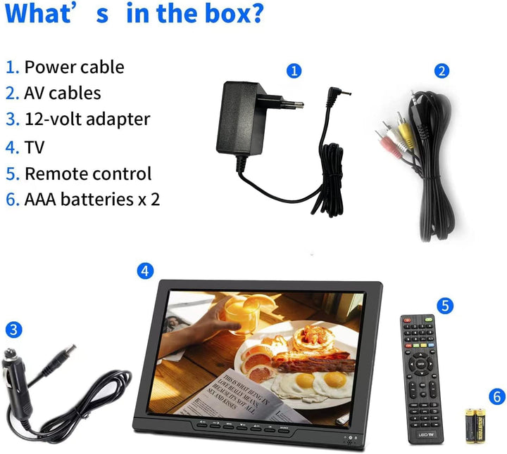 SOYAR Tragbarer 14,0-Zoll-LCD-Fernseher mit DVB-T2, wiederaufladbarem Akku, Mini-Freeview-TV, USB-An