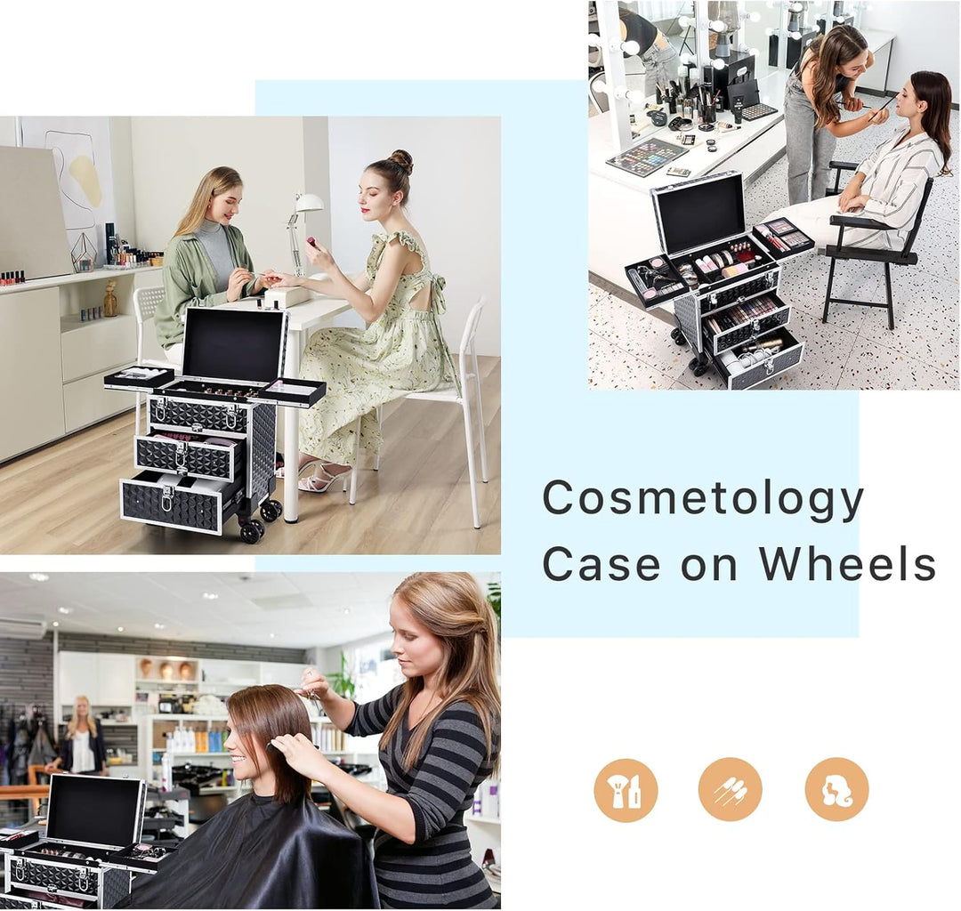 Kosmetik Trolley mit 2 Schublade Kosmetikkoffer Trolley Friseurkoffer mit Rollen Make up Koffer Schm