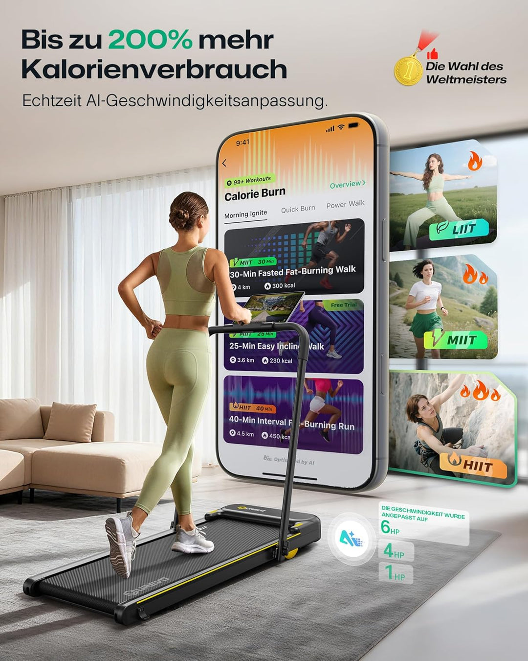UREVO 2 in 1 Laufband für zuhause mit SmartCoach App, Walking pad mit doppelter Stossdämpfung, Laufb