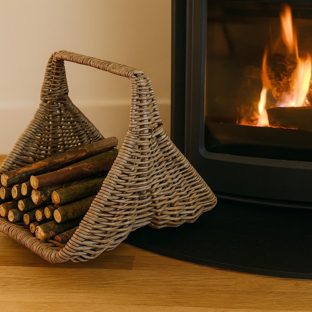 Kobolo Holztrage Holzkorb für Kaminholz - Rattan kubu grey - mit Leinenstoff und Henkel ausgestattet