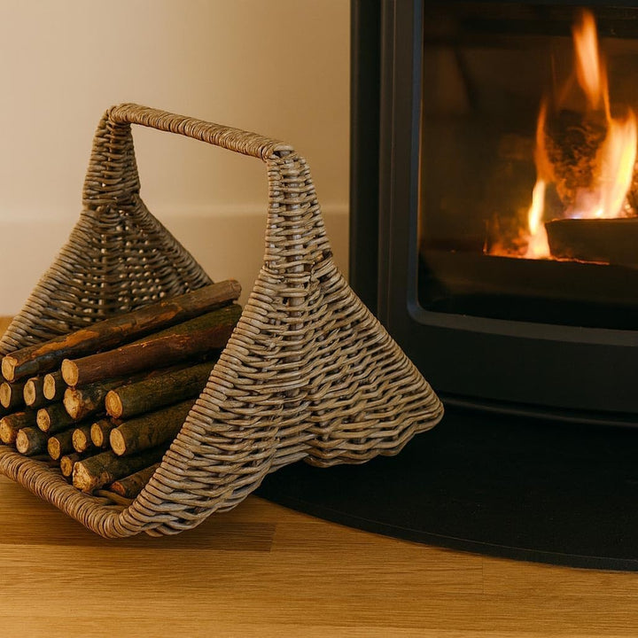Kobolo Holztrage Holzkorb für Kaminholz - Rattan kubu grey - mit Leinenstoff und Henkel ausgestattet