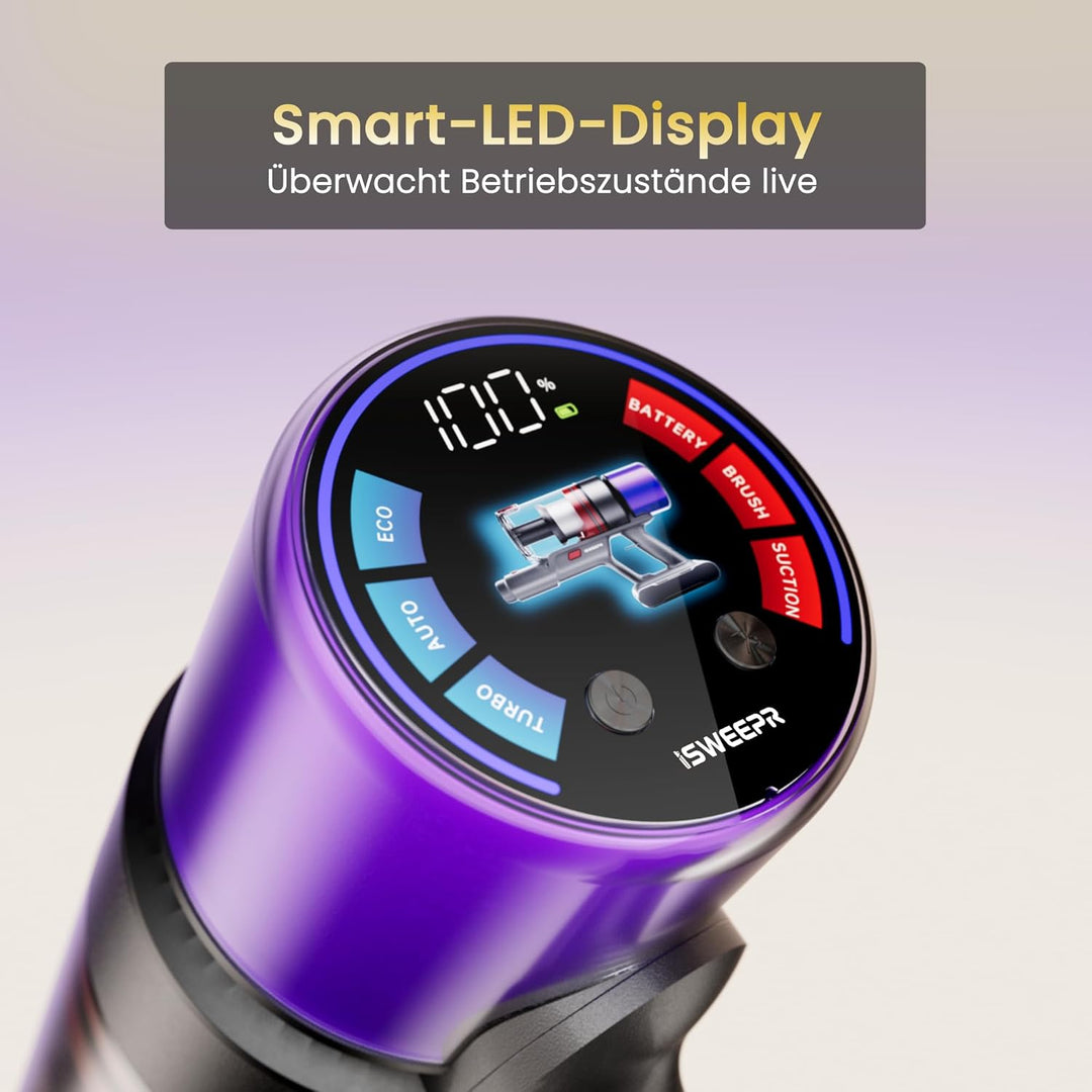 X7 Akku Staubsauger 55Kpa/600W/80Min, Staubsauger Kabellos mit LED Display, Akkustaubsauger Selbstla