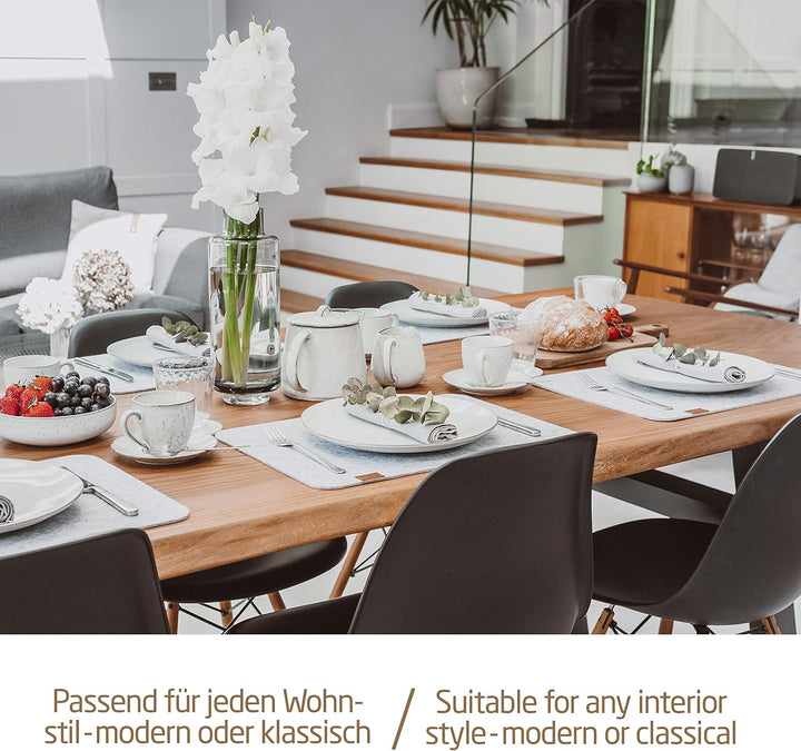 Miqio® - Design Tischset aus Filz | Marken Label aus echtem Leder | 6er Set Platzset (grau meliert)
