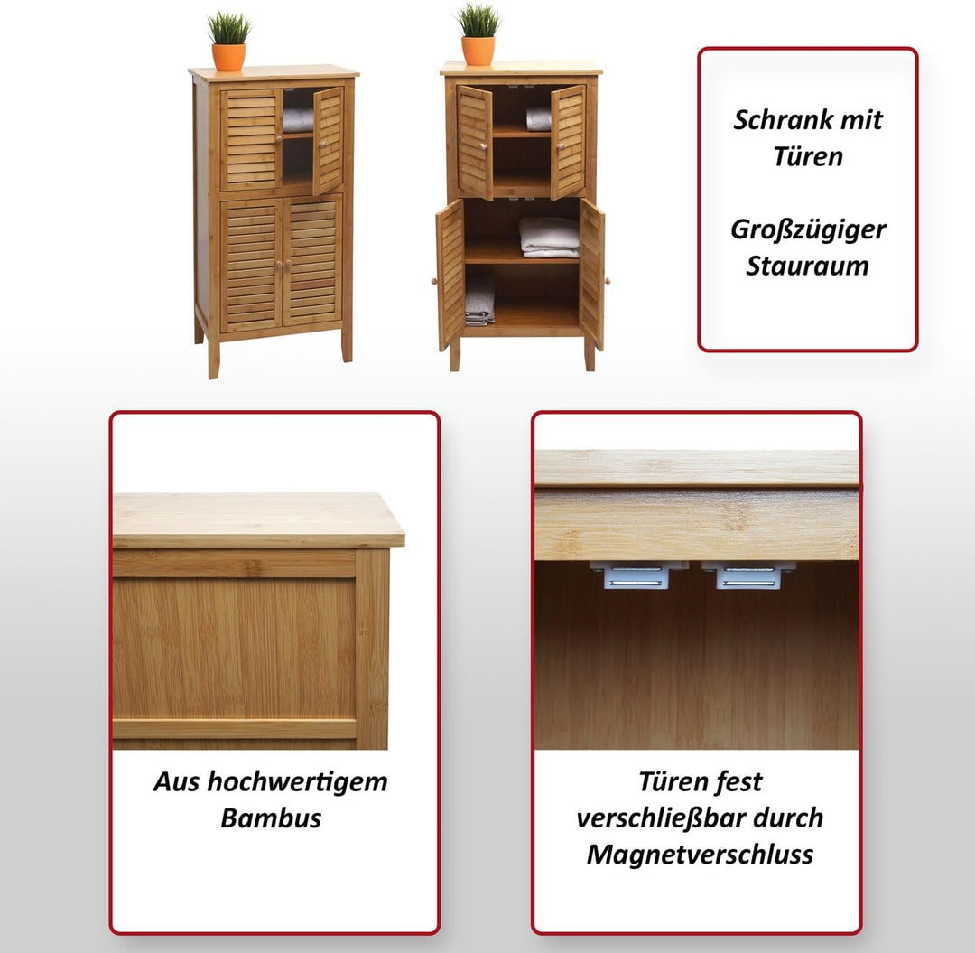 Badezimmerschrank HWC-B18, Regal Kommode, 4 Türen Bambus 100x50x30cm