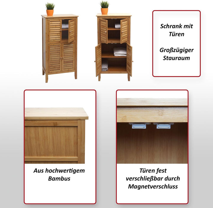 Badezimmerschrank HWC-B18, Regal Kommode, 4 Türen Bambus 100x50x30cm