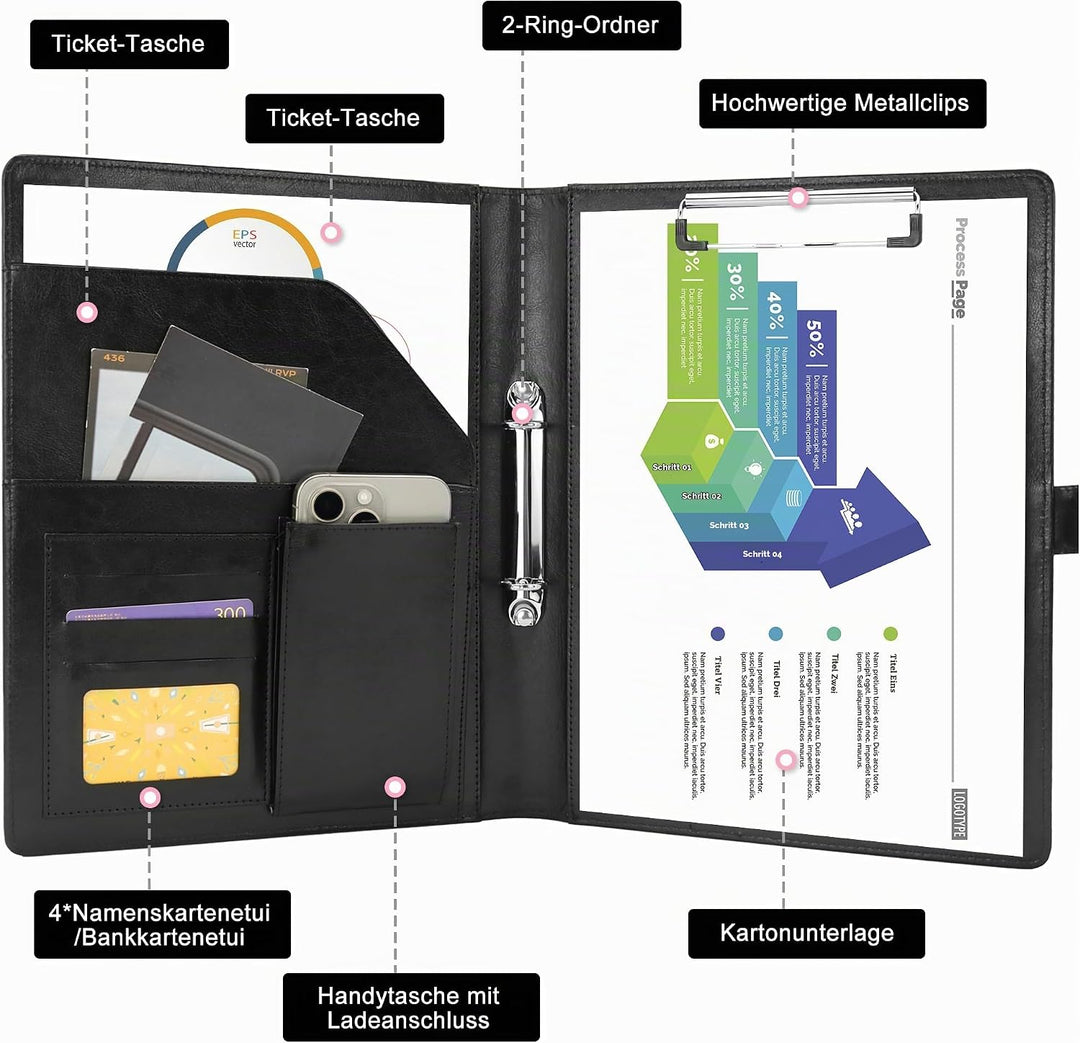 Schreibmappe 2 Ringbuch A4 Konferenzmappe Magnetischer Verschluss Wasserdicht Organizer Mappe Dokume