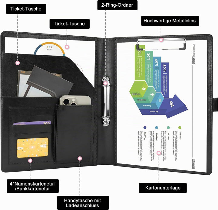 Schreibmappe 2 Ringbuch A4 Konferenzmappe Magnetischer Verschluss Wasserdicht Organizer Mappe Dokume
