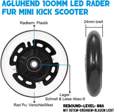 100mm Leuchtende Scooter Räder - 2 Stück 100mm led Scooter Rollen räder mit ABEC-9 Lager - hell leuc