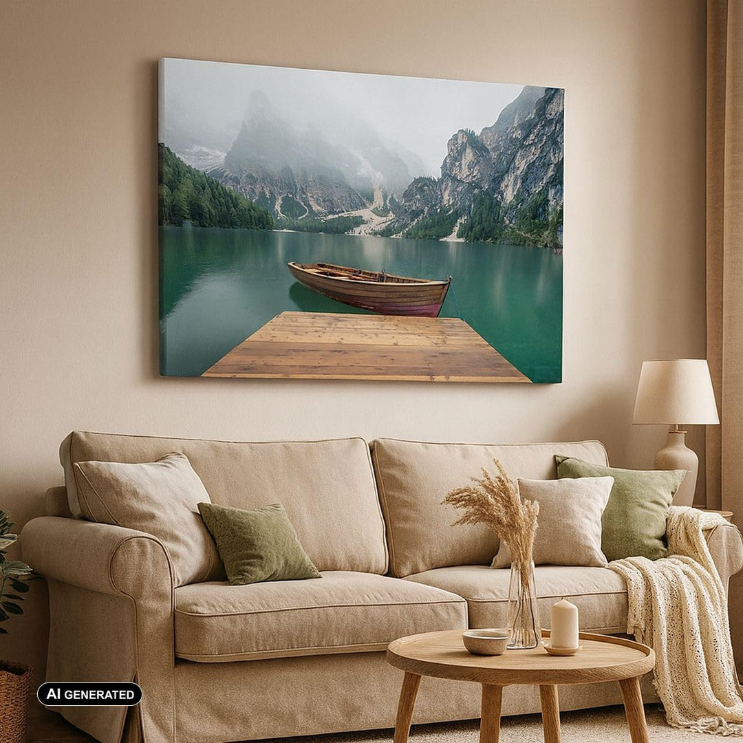Bilder auf Leinwand 100x70cm Leinwandbild mit Rahmen Berge See Boot Gross Wanddeko Bild Schlafzimmer