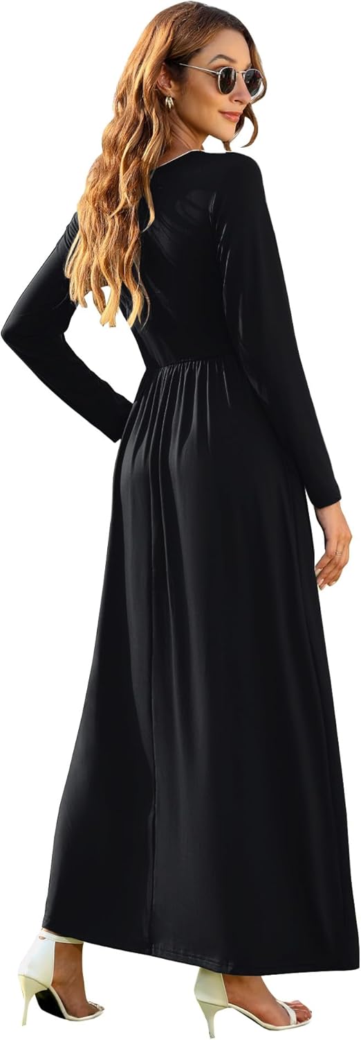 AUSELILY Damen Langarm Maxikleider Lässige Langkleider mit Taschen Winter, XS Schwarz