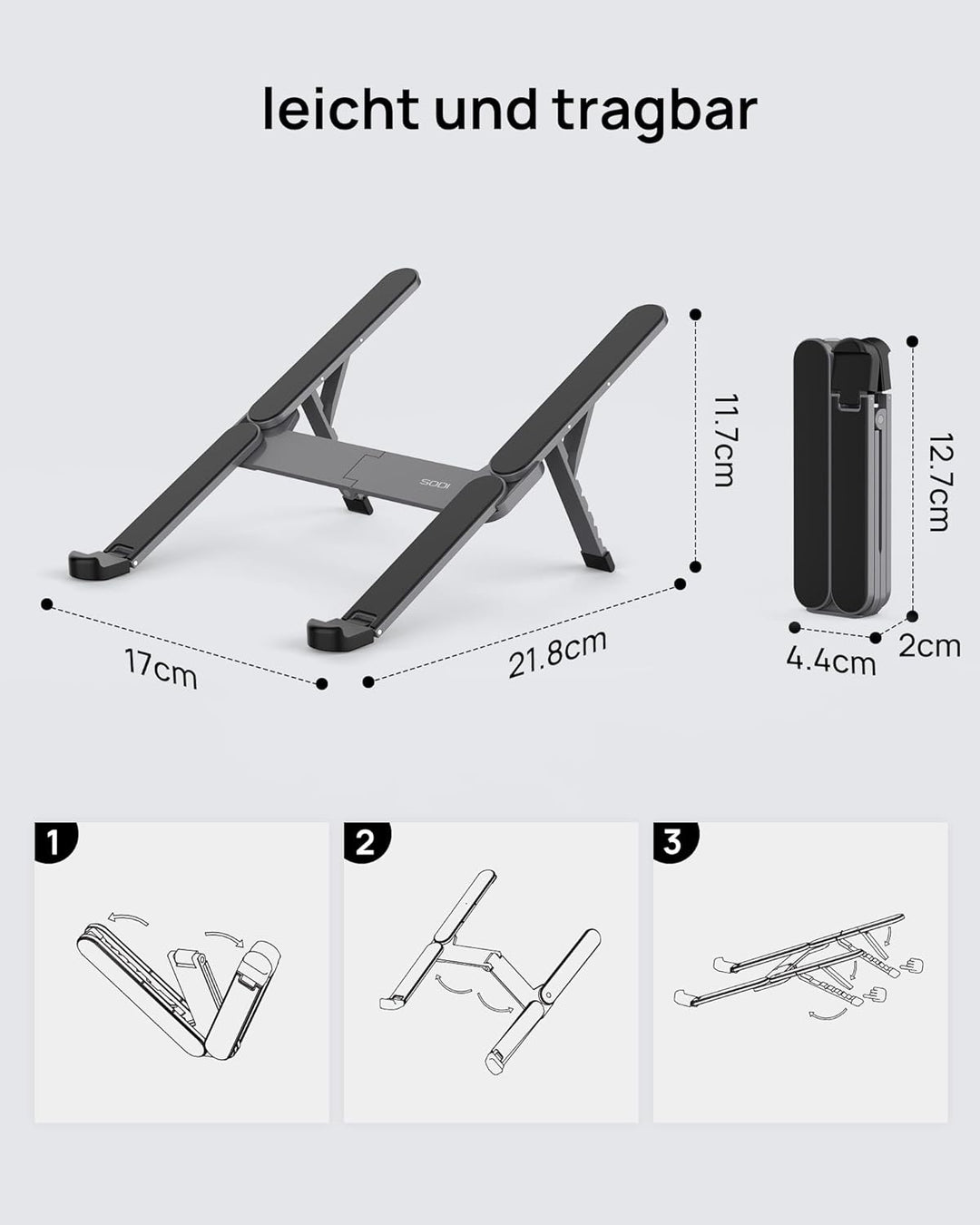 SODI Laptop Ständer, Faltbarer Aluminium Notebook Ständer, Höhenverstellbarer Laptopständer Belüftet