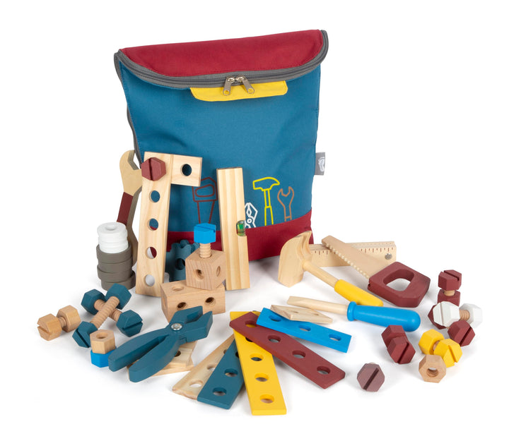 small foot Werkzeugrucksack Konstruktion „Workshop“, Kinder-Rucksack mit 8 Werkzeugen aus Holz, ab 3