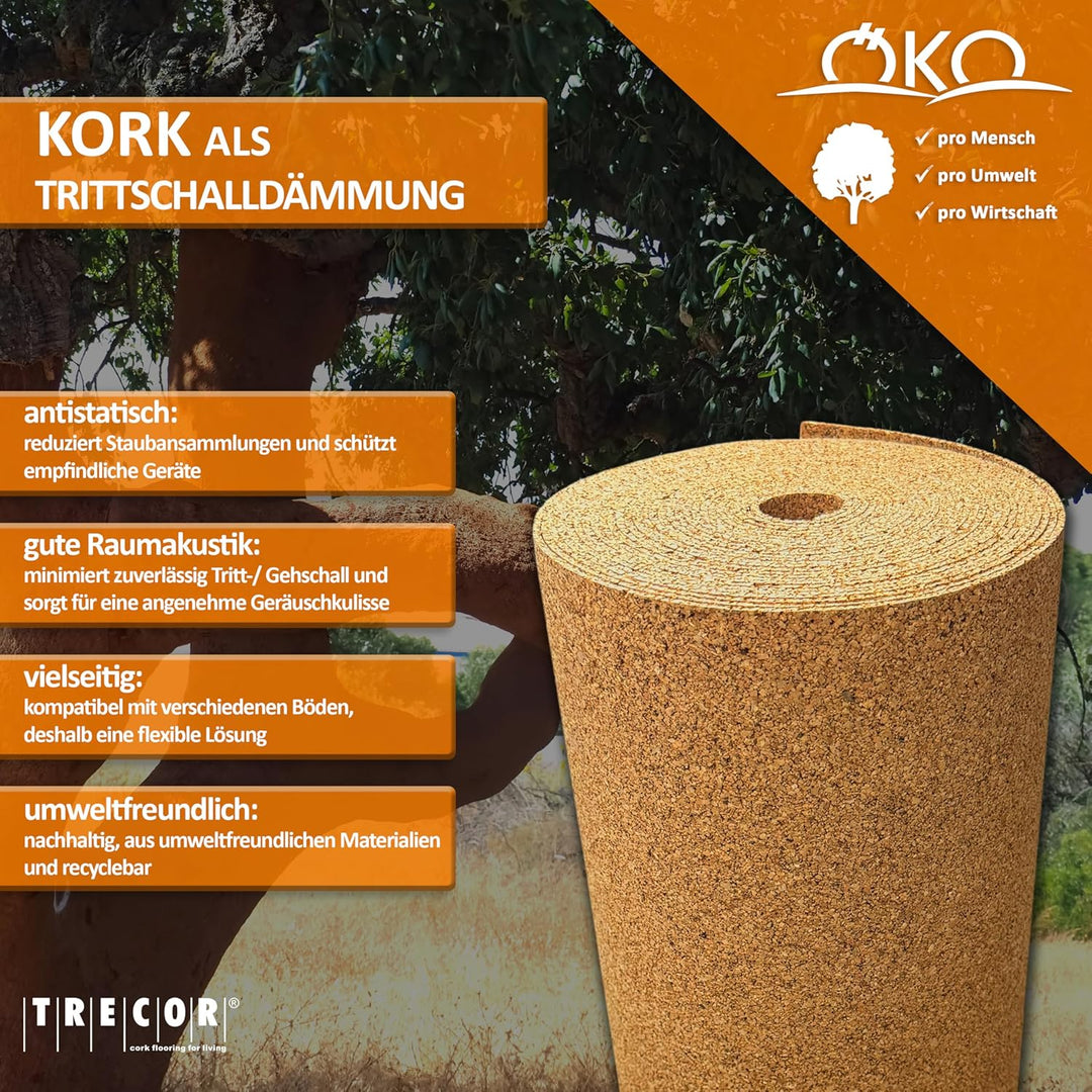 Trittschalldämmung TRECOR Rollenkork - Stärke 4 mm - Akustik Tritt- und Gehschalldämmung für Laminat