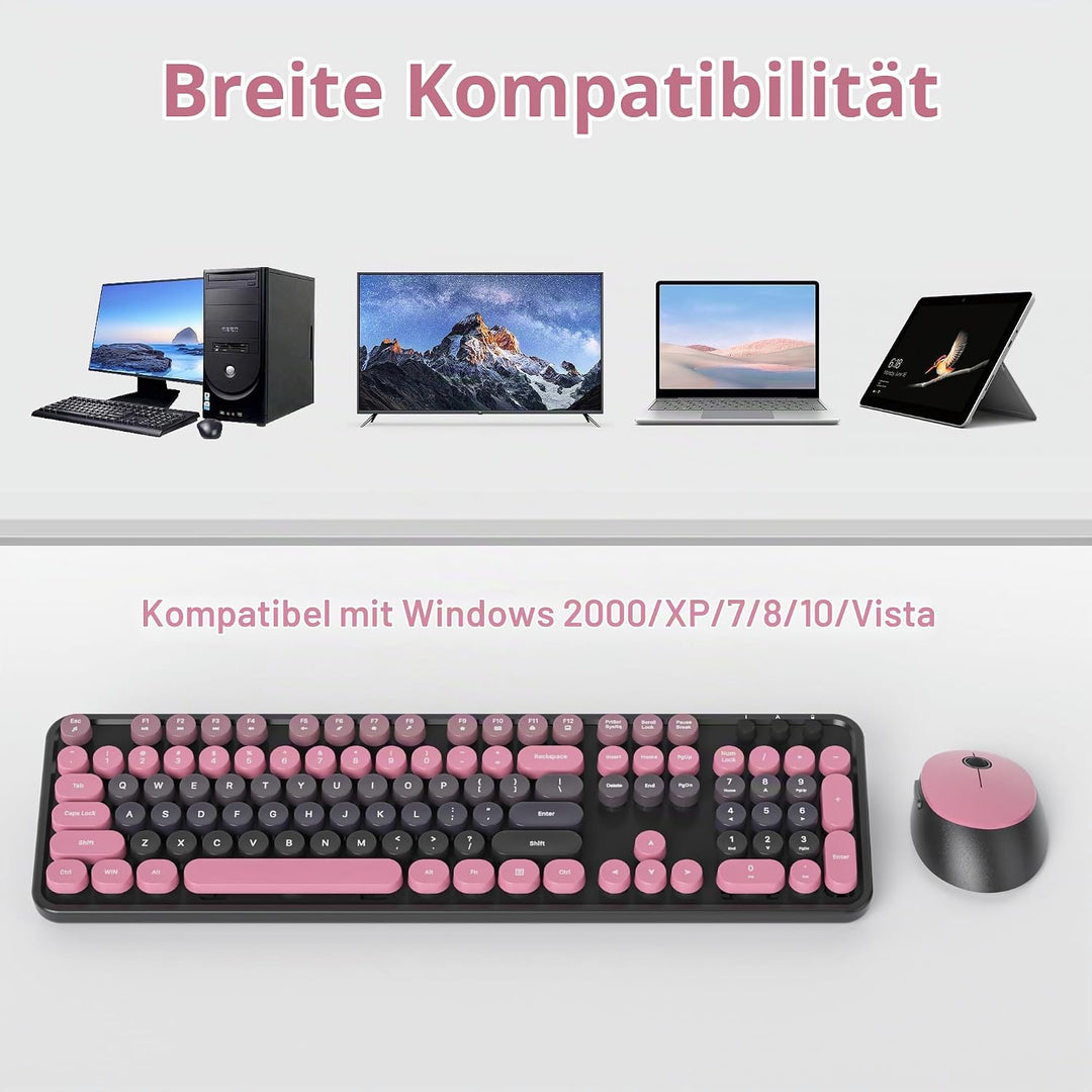 SOLIDEE kabellose Tastatur- und Maus-Kombination,Retro-Schreibmaschinen-Tastatur,2.4GHz runde Tasten