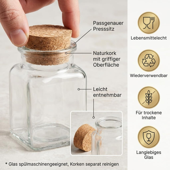gouveo 24er Set Gewürzgläser 150 ml eckig mit Korken - Kleine Korkengläser mit Korkverschluss - Leer