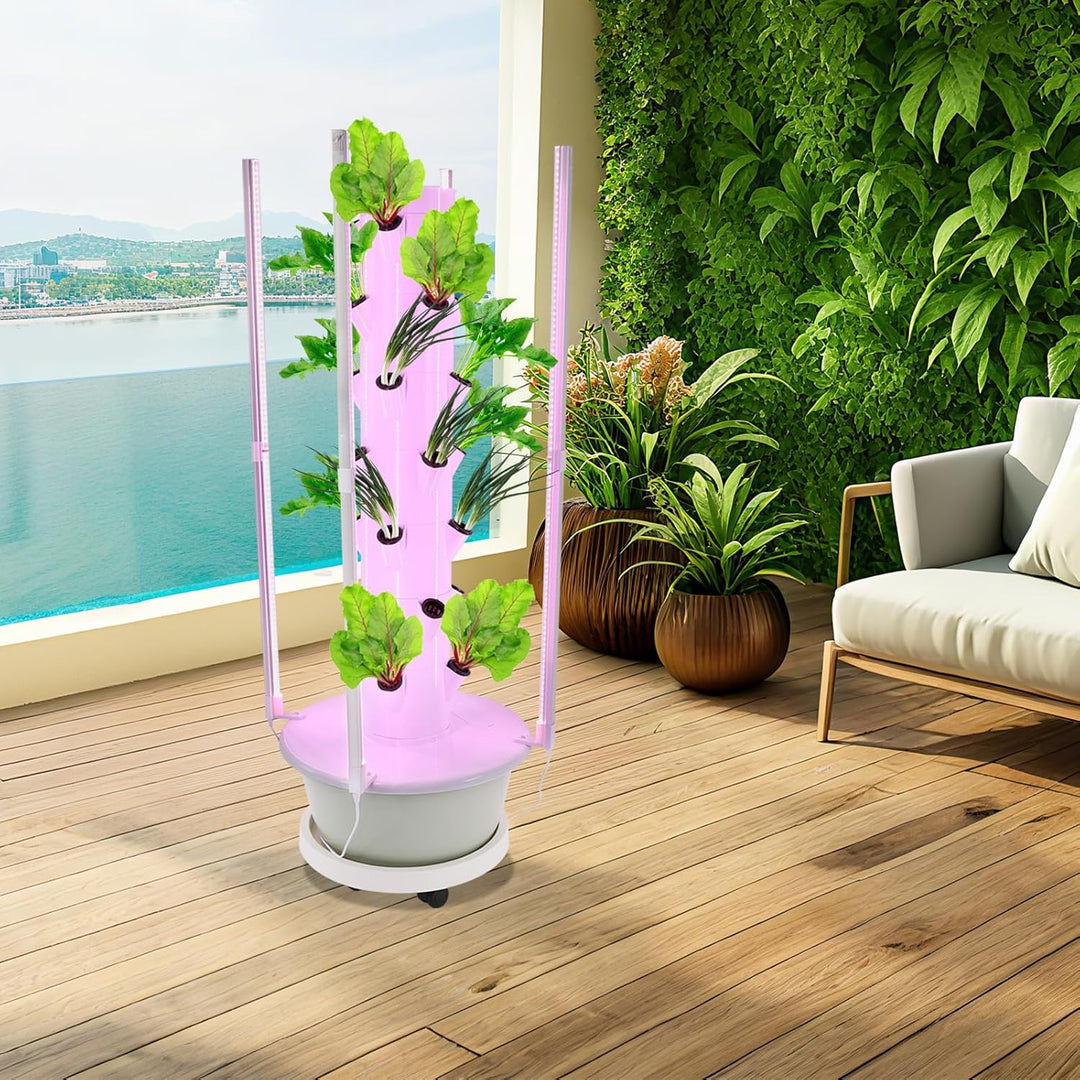 Hydroponik Turm, Hydrokultur System mit LED Beleuchtung, vertikaler Pflanzturm für 28 Pflanzen, wass